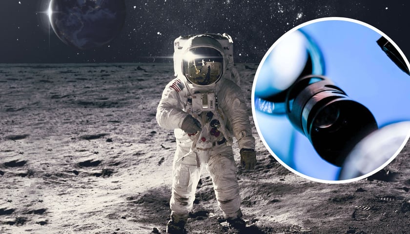 Astronauta na powierzchni Księżyca, w tle widać Ziemię, w kółku system optyczny teleskopu Scanway