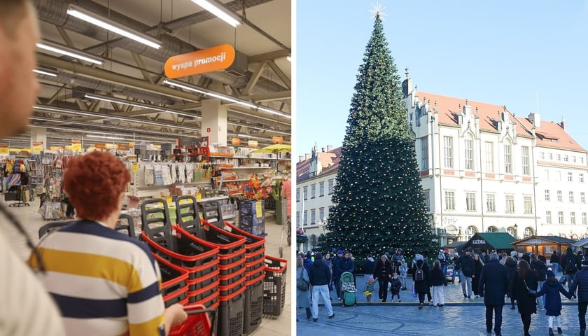 Klienci w Centrum Handlowym Astra, wrocławski Rynek w tle choinka i ludzie 
