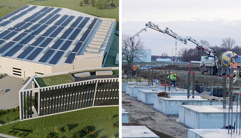 Hale zakładu Roltec na wizualizacji i podczas budowy, w tle betonowa konstrukcja