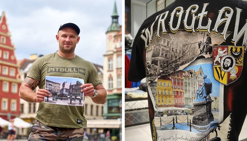 Mężczyzna trzymający w rękach zdjęcie na placu Solnym. Łukasz Stelmach prowadzi na Facebooku profil „Mój dawny Wrocław”.  Teraz zrobił specjalne koszulki 