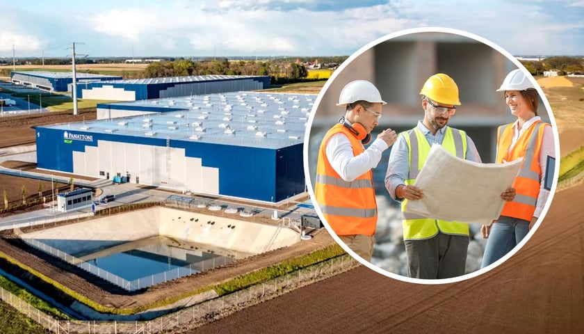 Hale Panattoni Wrocław Campus, dwie kobiety i mężczyzna w kaskach na budowie