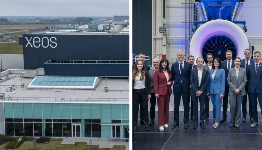 Hale XEOS pod Wrocławiem, kobiety i mężczyźni podczas otwarcia zakładu obsługi technicznej silników lotniczych XEOS 