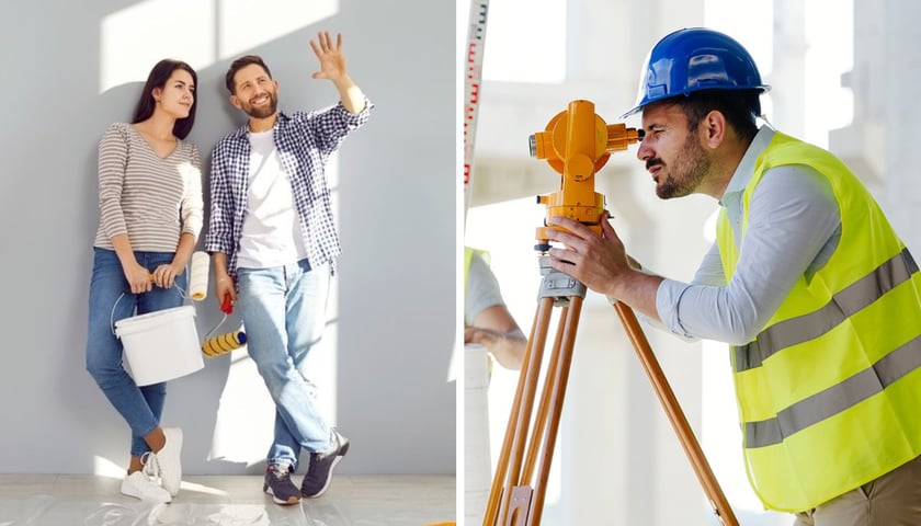 Kobieta i mężczyzna w rękach mają wiadro i wałek malarski, mężczyzna w kasku patrzy przez teodolit, zdjęcia ilustracyjne