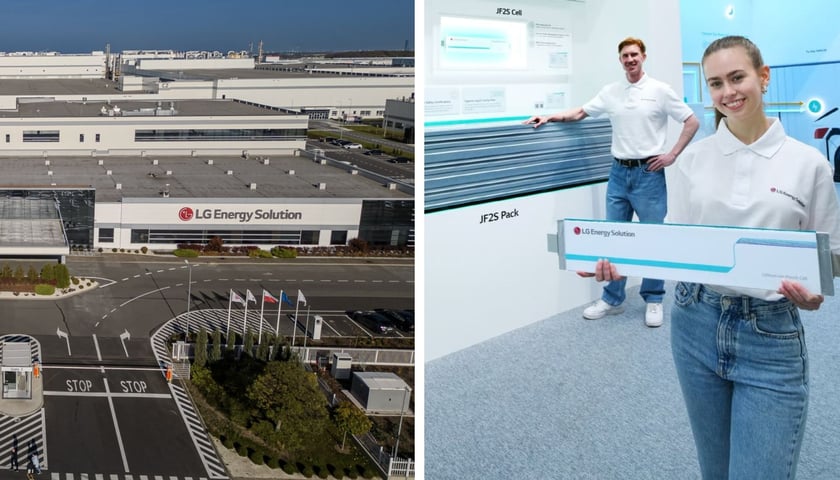 Hale zakładu LG Energy Solution Wrocław, kobieta i mężczyzna pracownicy LG Energy Solution