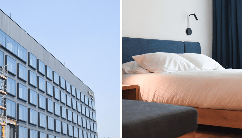 Po lewej - fragment elewacji hotelu na lotnisku, po prawej fragment sypialni