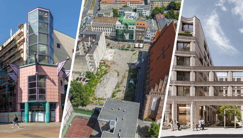 Solpol w marcu 2022 | pusta działka po Solpolu z góry | wizualizacja budynku po Solpolu