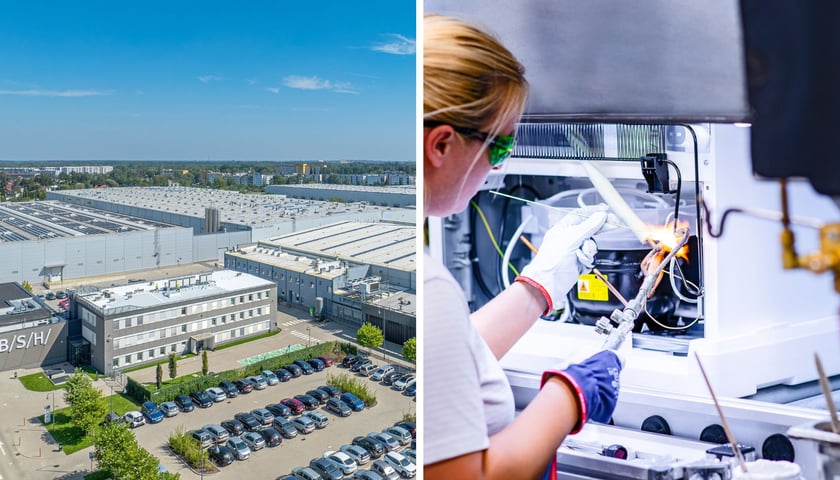Zakłady BSH we Wrocławiu na zdjęciu lotniczym, kobieta na linii produkcyjnej BSH