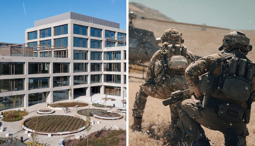 Budynek WUWA Point na Nowych Żernikach. Mężczyźni w mundurach produkcji Entire M