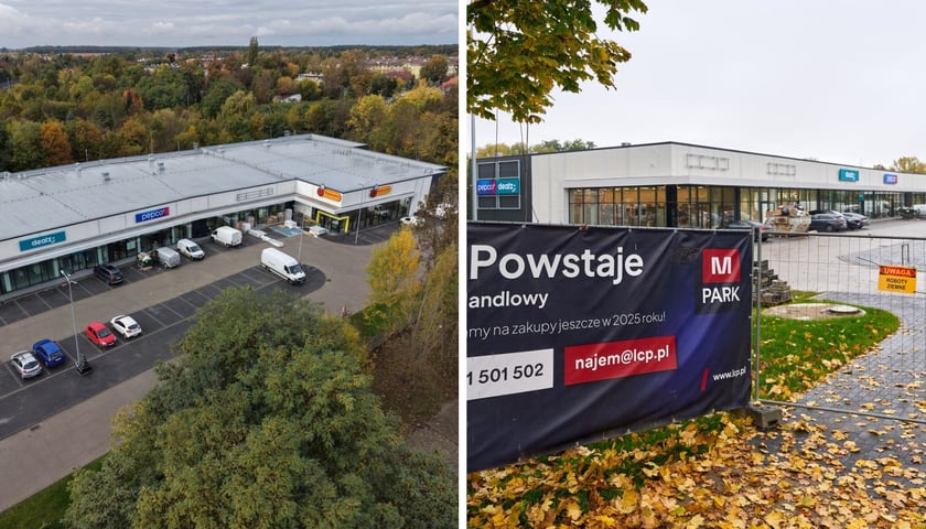 Budynek M-Park w Leśnicy, zdjęcie z drona, wjazd z ul. Średzkiej i napis, że powstaje tu N-Park