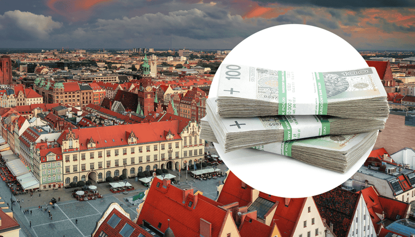 Na dużym zdjęciu panorama Wrocławia, w kółku plik banknotów 