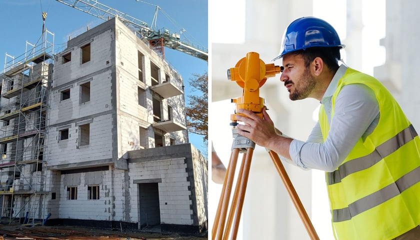 Budowa budynku mieszkalnego TBS Wrocław w Leśnicy, mężczyzna patrzy przez teodolit 