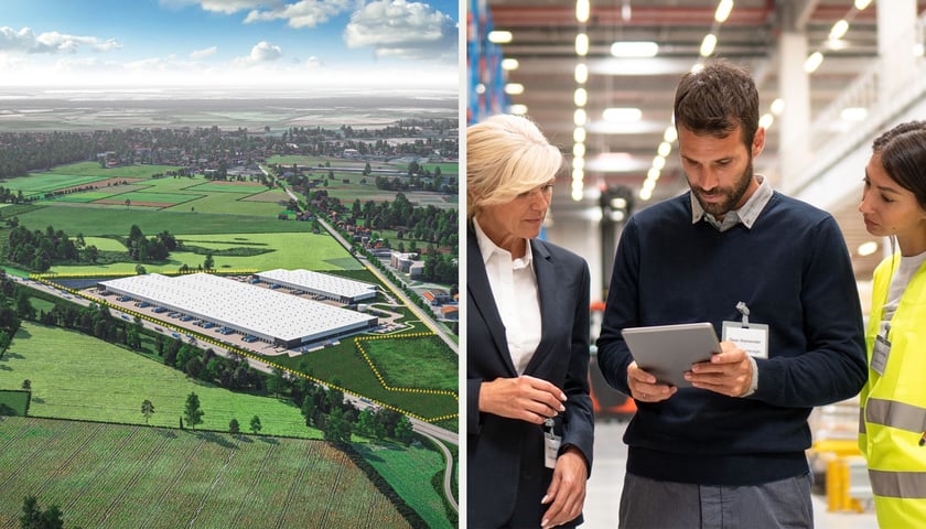 Magazyny Hillwood Syców, zdjęcie lotnicze. Dwie kobiety i mężczyzna patrzą na tablet, w tle hala magazynowa