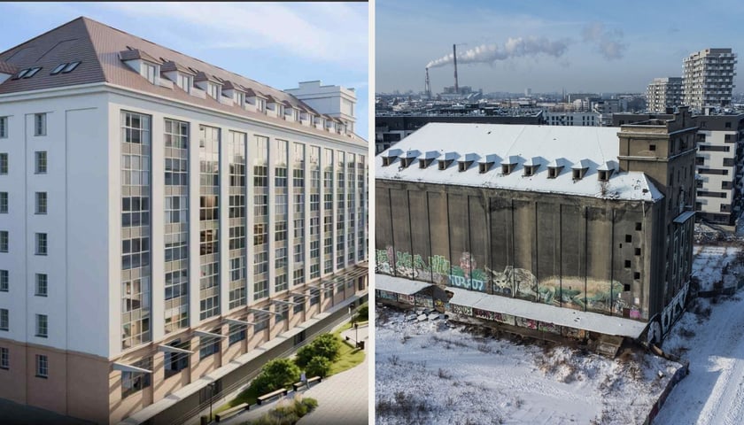 Zestawienie wizualizacji i zdjęcia elewatora wykonanego zimą 2024