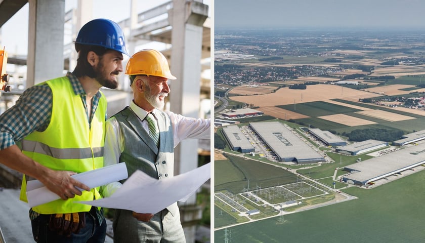 Dwóch mężczyzn w kaskach na budowie, zdjęcie lotnicze kompleksu logistycznego Wrocław Campus
