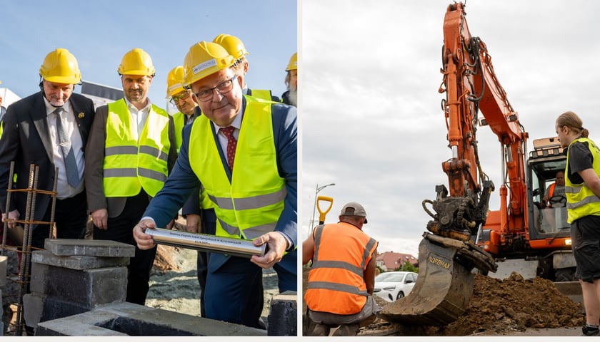 Grupa mężczyzn w kaskach i kamizelkach na budowie, na pierwszym planie starosta Włodzimierz Chlebosz