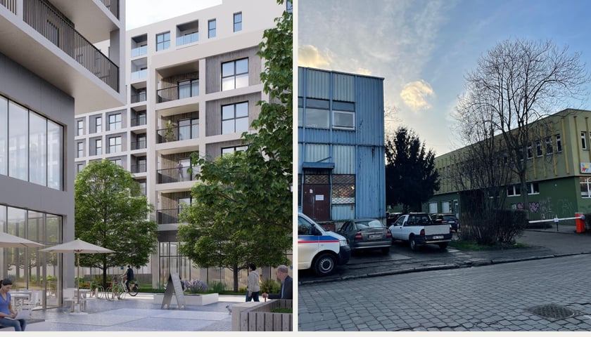 Budynki mieszkalne z lokalami usługowymi na wizualizacji. Obecne budynki SM Wrocław-Południe