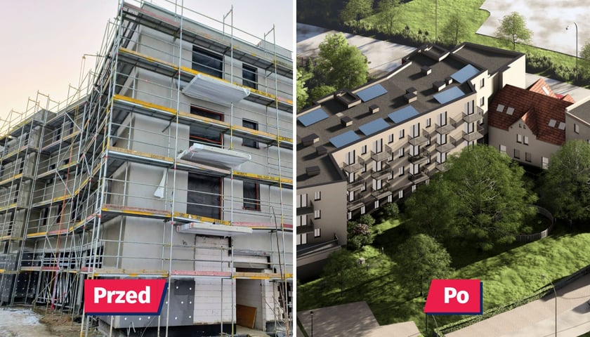 Dom mieszkalny w budowie, wizualizacja Lesnicy X po zakończeniu budowy