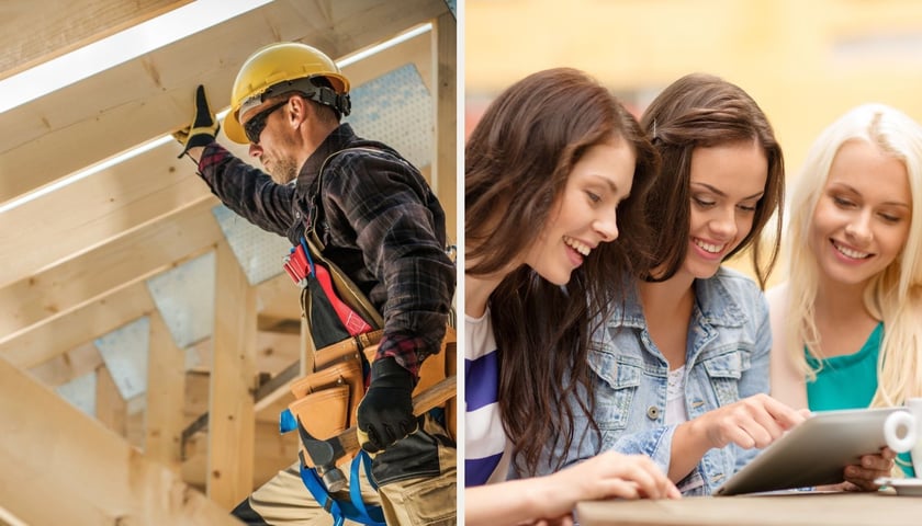 Mężczyzna w kasku na budowie, trzy młode kobiety patrzą na ekran laptopa, zdjęcie ilustracyjne. Od 1 stycznia 2026 r. ruszyło tzw. stażow. Korzyści to dłuższy urlop, wyższe nagrody i odprawa.