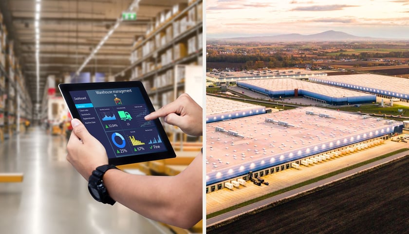 Wielkie hale magazynowo - logistyczne. GLP Wrocław V Logistics Centre, 2025 r. , tablet w dłoniach, w tle hala magazynowa