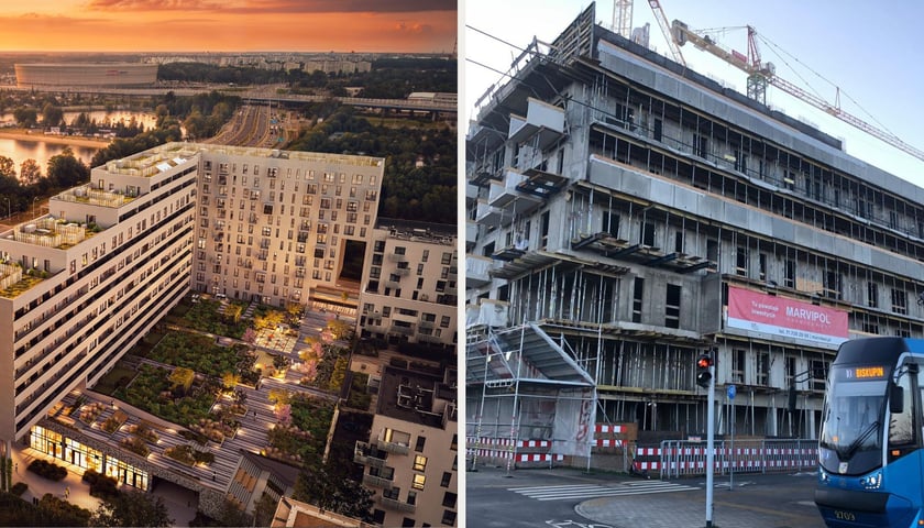 Budynek Kosmos na Nowych Żernikach, wizualizacja i budowa, w tle panorama Wrocławia