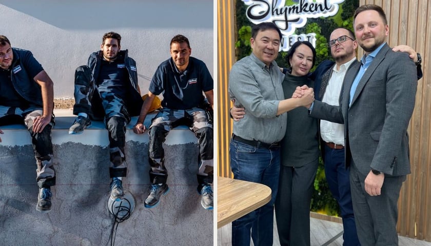 Trzech mężczyzn w kombinezonach budowlanych Grupy Selena, zdjęcie ilustracyjne. Trzech mężczyzn i kobieta - przedstawiciele z Grupy Selena i z Kazachstanu, gdzie planowana jest budowa zakładu