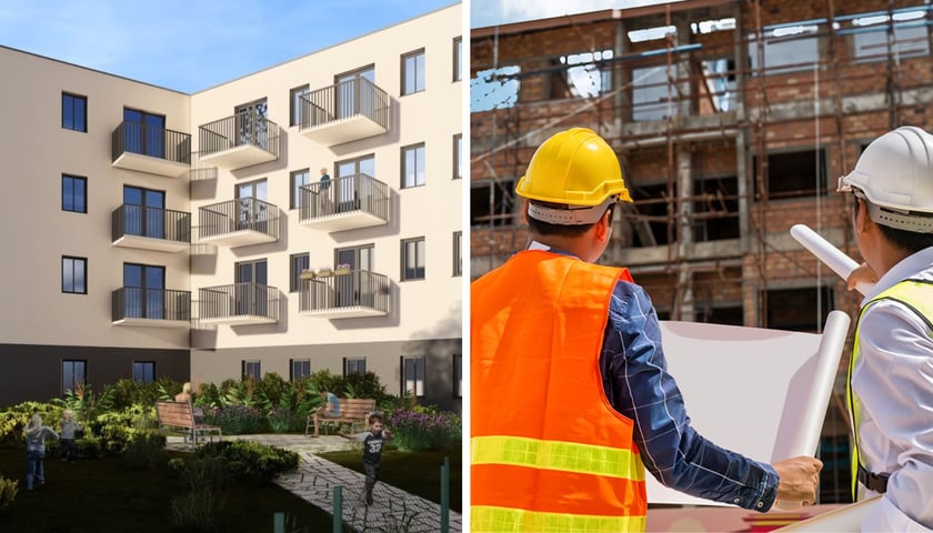 Dwóch mężczyzn w kaskach na budowie, wizualizacja TBS Wrocław