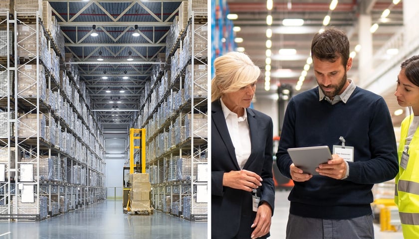 Hala magazynowa, dwie kobiety i mężczyzna, zdjęcie ilustracyjne