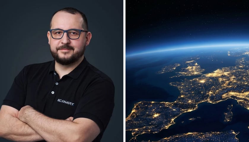 Z lewej: Jędrzej Kowalewski, prezes zarządu Scanway S.A., z prawej: Ziemia widziana z kosmosu