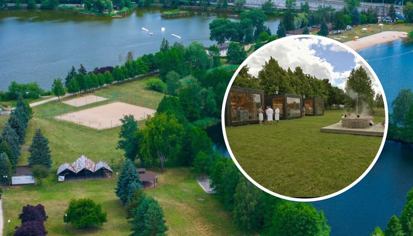 W tle: Kąpielisko Park Glinianki, widok z drona. W kółku: wizualizacja strefy saun na Gliniankach.