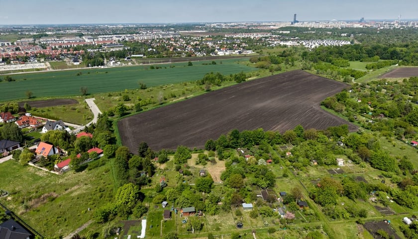 Powiększ obraz: <p>Teren rolny przy ulicy Polnej na Brochowie, o kt&oacute;ry powiększony ma zostać Park Brochowski, widok z drona.&nbsp;</p>