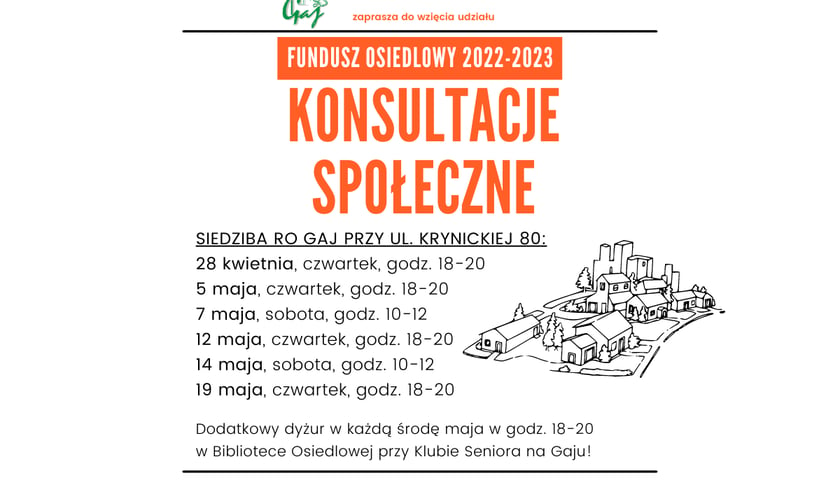 Powiększ obraz: harmonogram konsultacji Funduszu Osiedlowego 2022-2023 na osiedlu Gaj