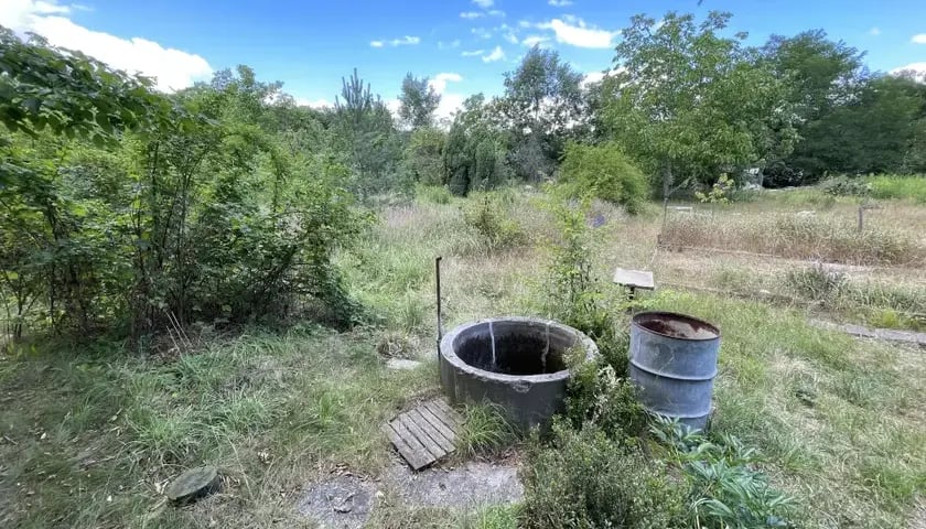 Pozostałości dawnych terenów działkowych. Odkryta studnia.