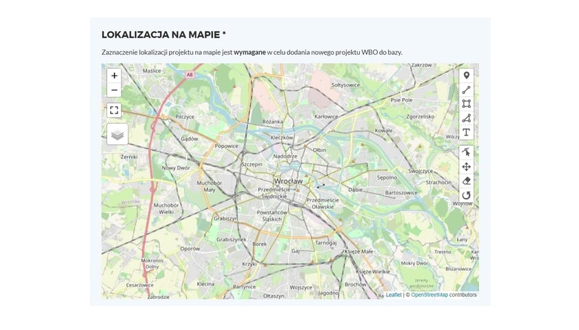 Powiększ obraz: Widok na formularz zgłaszania projektu do WBO 2023 - mapa miasta