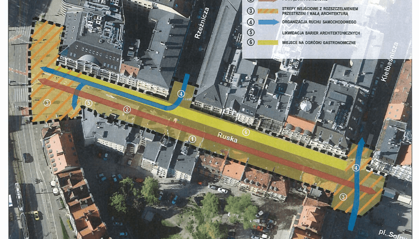 Powiększ obraz: mapka przedstawiająca założenia przestrzenne rewitalizacji ulicy Ruskiej na odcinku od Kazimierza Wielkiego do placu Solnego