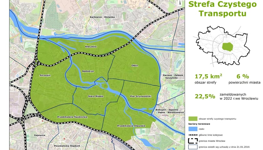 Powiększ obraz: mapa przedstawiająca obszar planowanej strefy czystego transportu we Wrocławiu