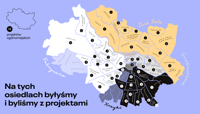 Powiększ obraz: Mapa Wrocławia z podziałem na osiedla, z zaznaczonymi wydarzeniami z Mikrograntów 2023