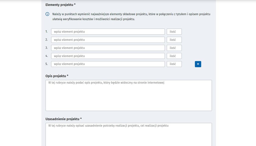 Powiększ obraz: Widok na formularz zgłaszania projektu do WBO 2024 - elementy projektu