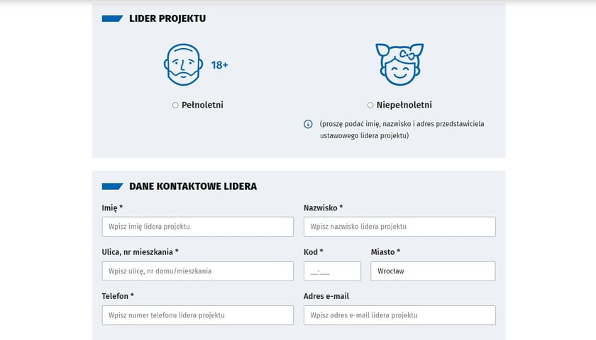 Powiększ obraz: Widok na formularz zgłaszania projektu do WBO 2024 - dane Lidera