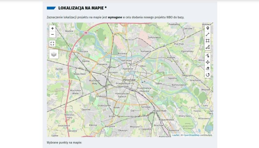 Powiększ obraz: Widok na formularz zgłaszania projektu do WBO 2024 - lokalizacja na mapie