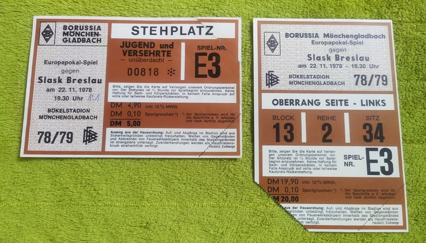 Bilety na mecz Borussia Monchengladbach-Śląsk 1978 r.