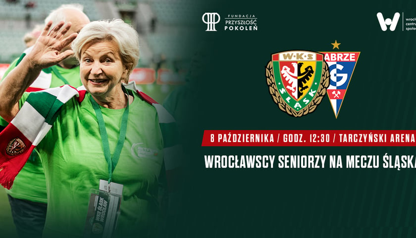 Powiększ obraz: Baner przedstawia zaproszenie dla seniorów na mecz WKS Śląsk Wrocław - Górnik Zabrze