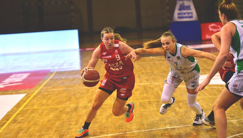 Powiększ obraz: Koszykarski Ślęzy Wrocław i MKS-u Pruszków podczas meczu w pierwszej rundzie