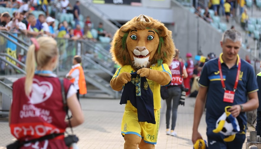 Powiększ obraz: Maskotka reprezentacji Ukrainy, czyli Lew na Tarczyński Arena