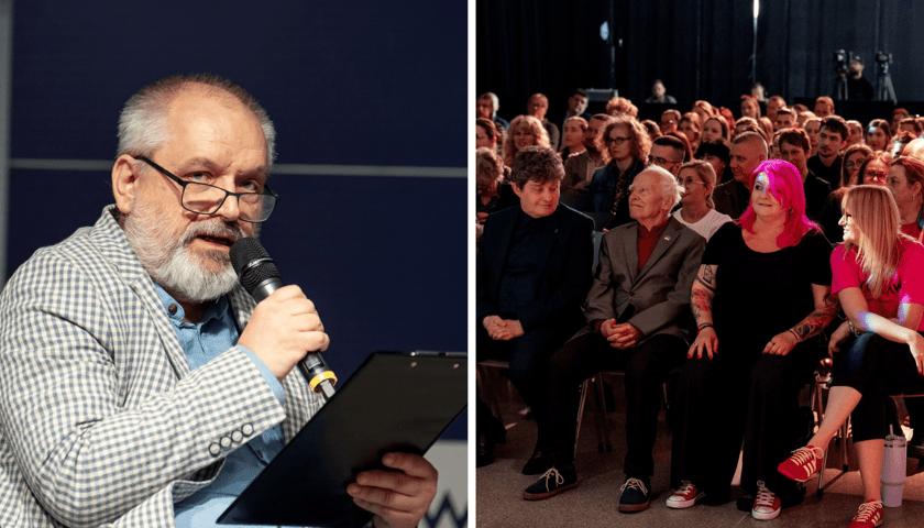 Kolaż 2 zdjęć dotyczących II Dolnośląskiego Kongresu Praw Zwierząt. Z lewej dr Robert Maślak podczas wykładu o wilkach, z prawej uczestnicy wydarzenia