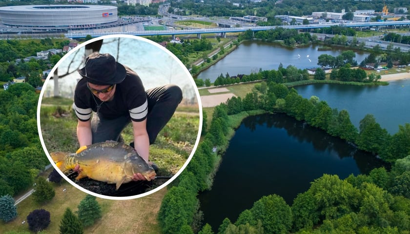 W tle - Łowisko Park Glinianki, widok z drona. W kółku - wędkarz prezentujący swoją zdobycz.