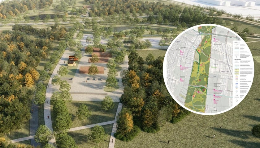 Wizualizacja z koncepcji Zielonego Klina Południa Wrocławia, w prawej części ilustracji w okrągłym kadrze fragment mapy z koncepcją zagospodarowania tego terenu.