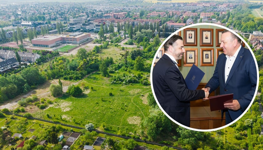 w tle: przejęty przez Wrocław teren zielony w rejonie ul. Zwycięskiej i Ołtaszyńskiej