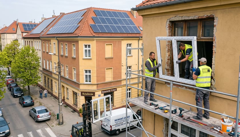 Na ilustracji widać ekipę wymieniającą okno. Na drugim planie panele fotowoltaiczne na dachu kamienicy. Obraz wygenerowany przez SI