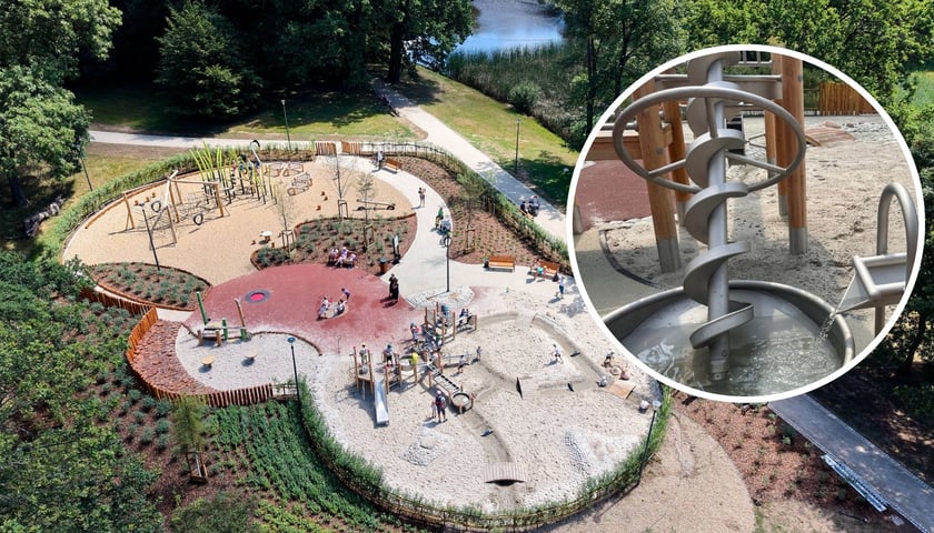 Zdjęcie z drona ukazujące plac zabaw - Nadodrzańską Osadę Przygody w parku przy ul. Połbina, w prawej części w okrągłym kadrze - śruba Archimedesa - jedno z urządzeń zabawowych.