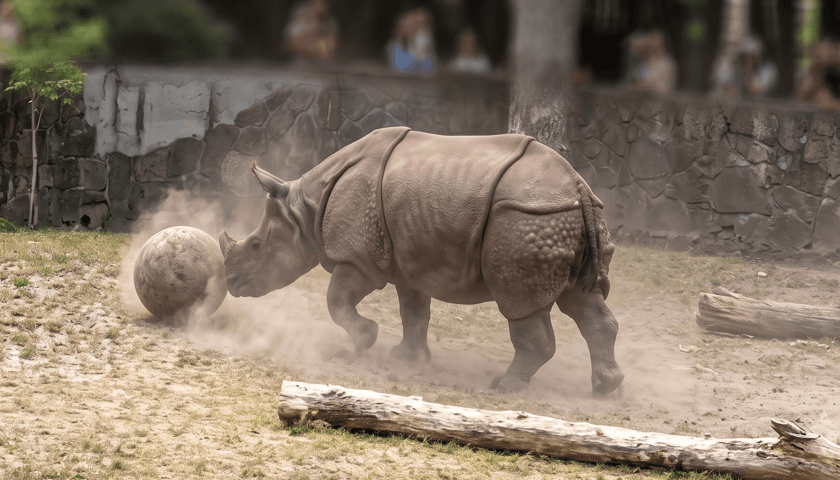 Nosorożec Czułek bawi się piłka na wybiegu we wrocławskim zoo